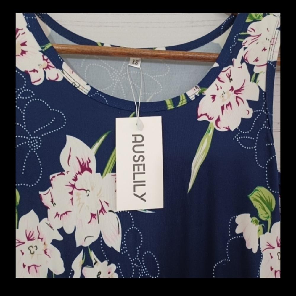 AUSELILY Blue Navy Garden Floral Maxi Soft Stretchy Modest Pocket Summer Dress - Picture 8 of 15